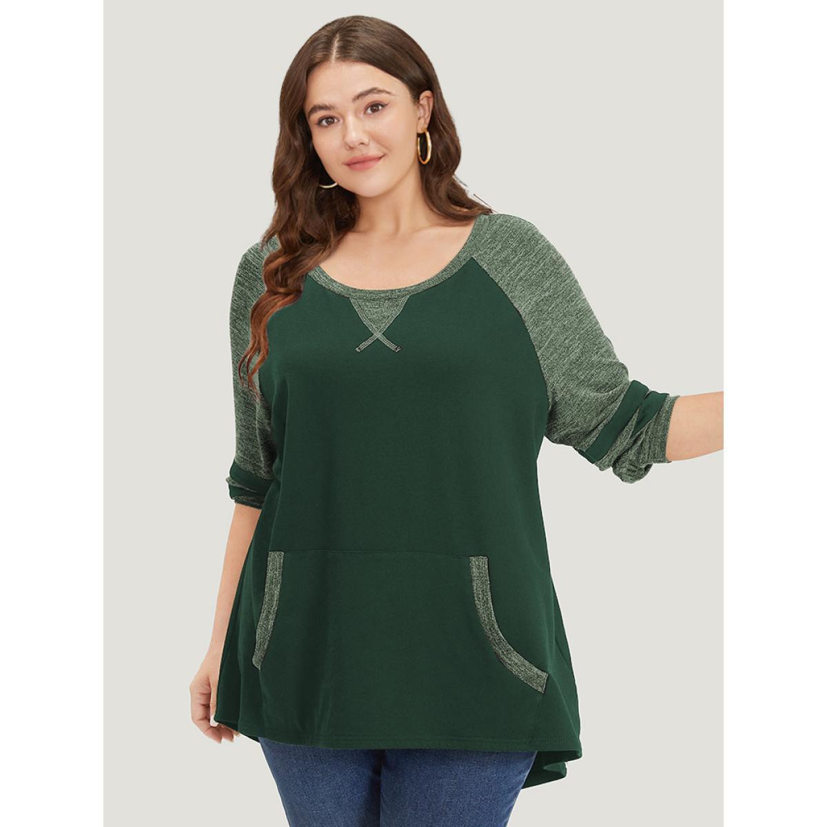 Plus Size Striped Contrast Pocket Raglan Sleeve High Low Hem Sweatshirt Women Indigo Casual Contrast Round Neck Everyday Sweatshirts BloomChic 22-24/3X Product Image