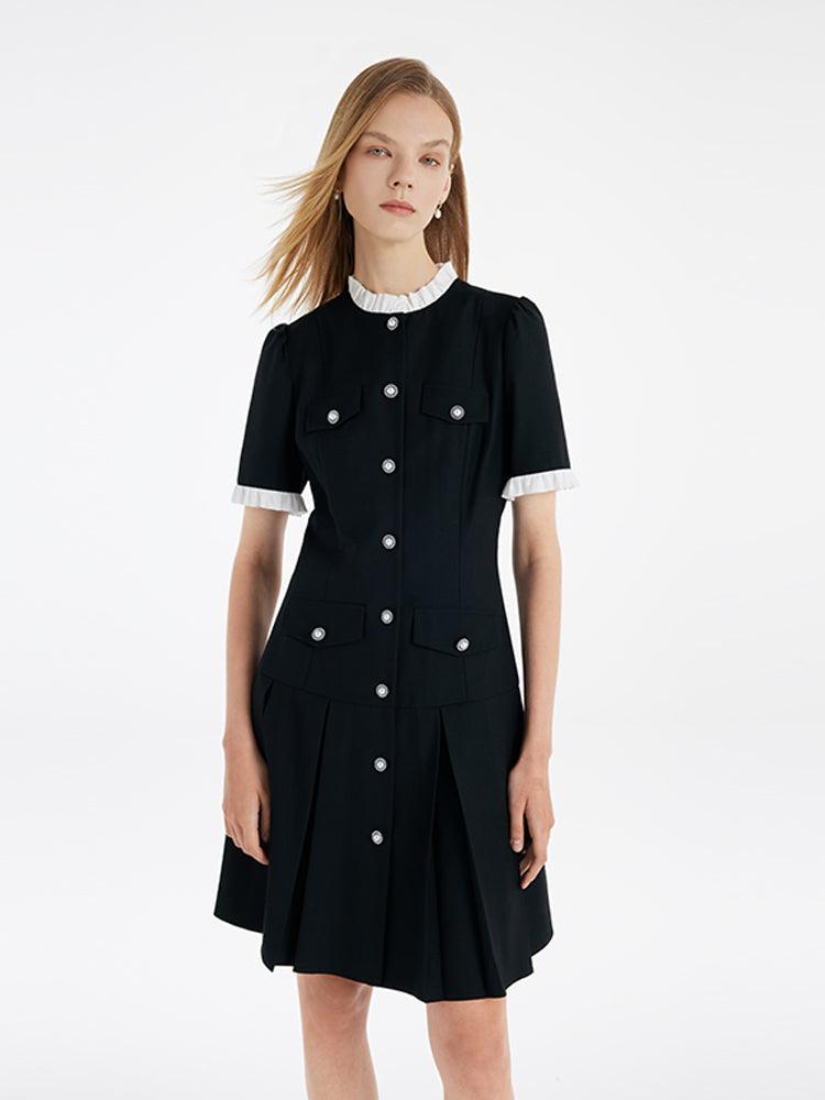 Ruffle Trim Pearl Buttons Women Mini Dress Product Image