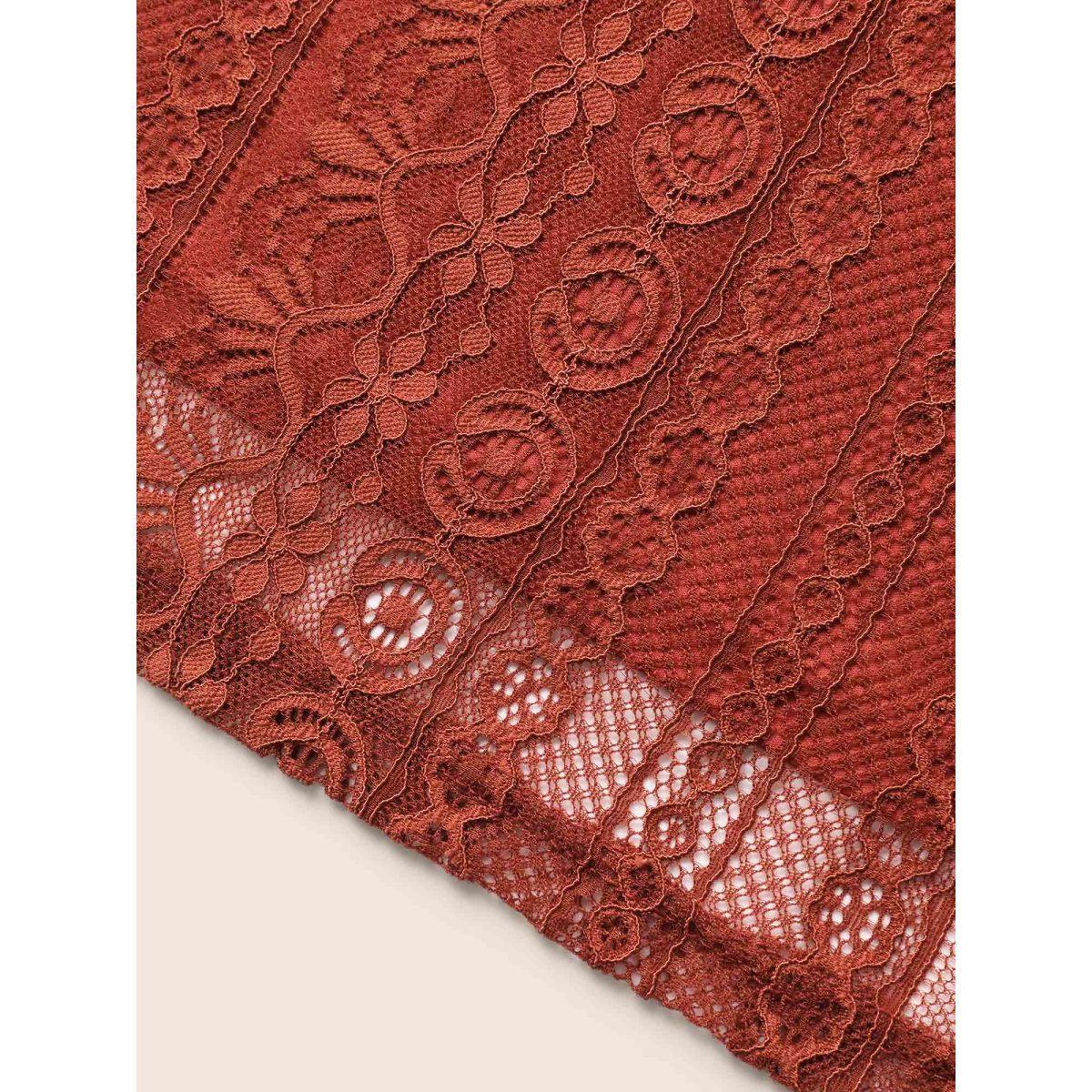 Plus Size Russet V Neck Lace Panel Drawstring Blouse Women Elegant Short sleeve V-neck Everyday Blouses BloomChic 30/6X Product Image