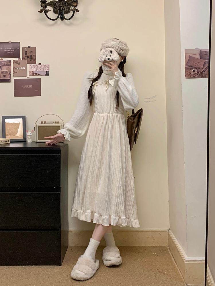 Long-Sleeve Mock Neck Bow Ruffle Trim Knit Panel Midi A-Line Dress Product Image