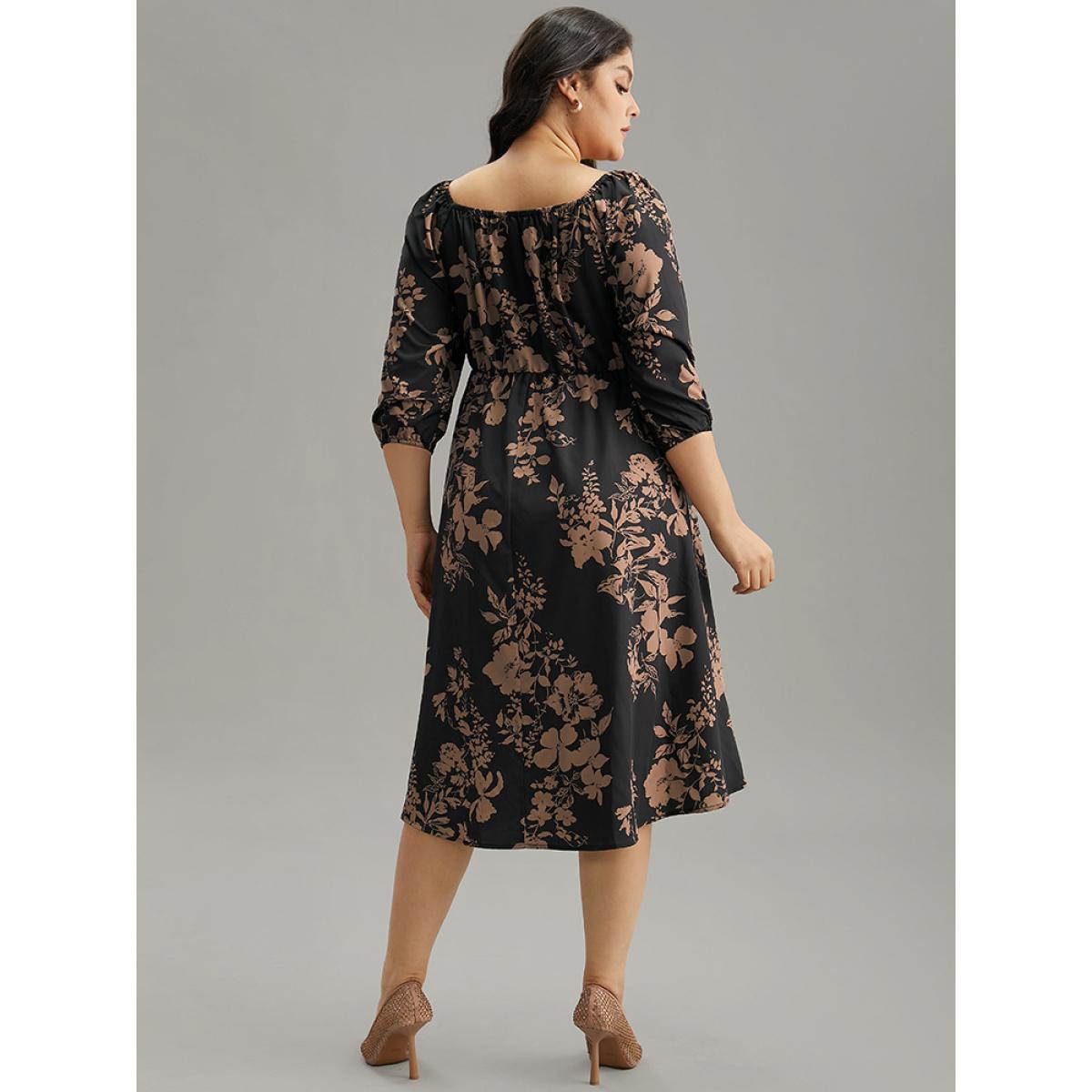 Plus Size Silhouette Floral Print Elastic Cuffs Dress Black Women Elegant Elastic cuffs Square Neck Elbow-length sleeve Curvy Midi Dress BloomChic 12/L Product Image