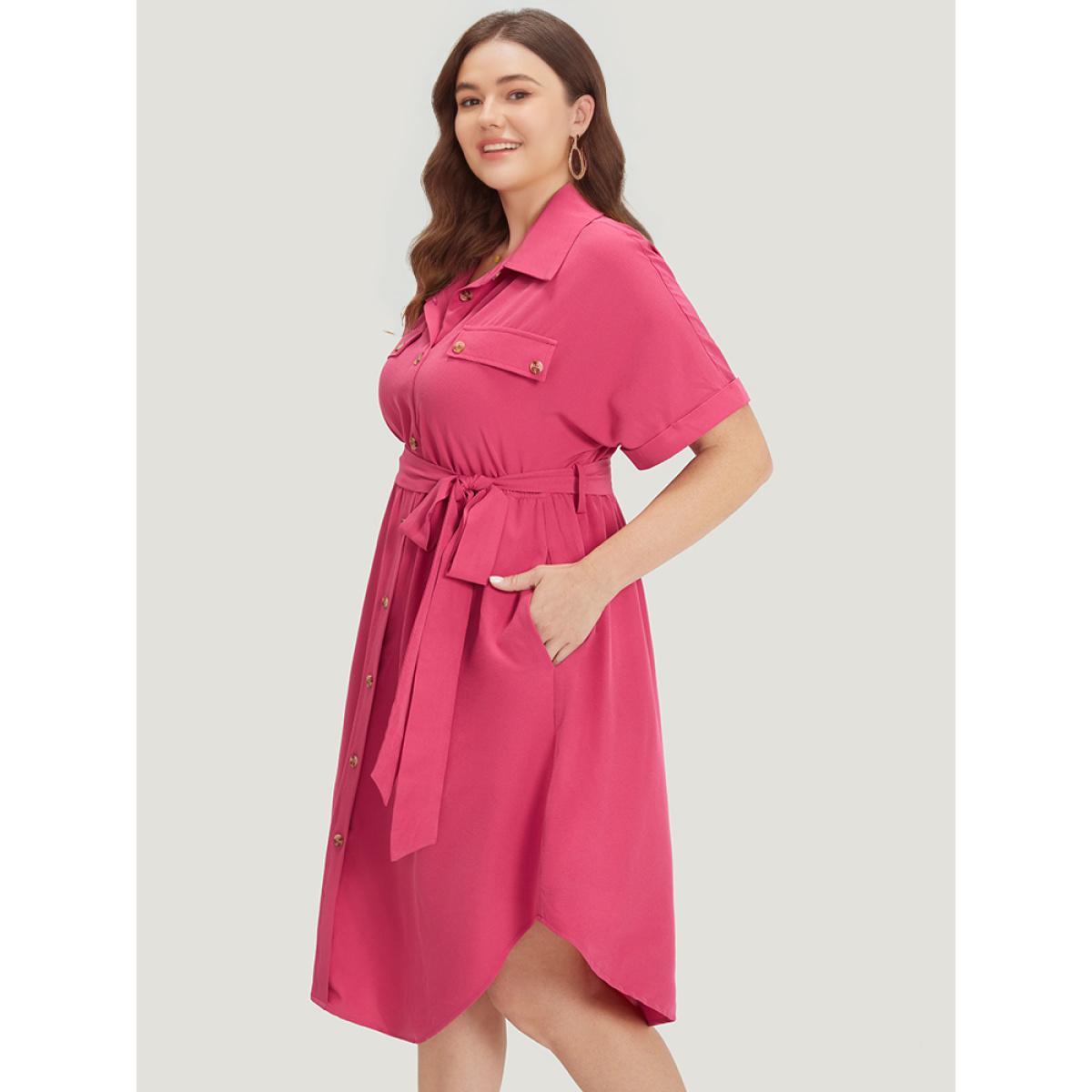 Plus Size Plain Belted Shirt Collar Arc Hem Roll Batwing Sleeve Dress Red Women Office Belted Shirt collar Short sleeve Curvy Knee Dress BloomChic 12/L Product Image