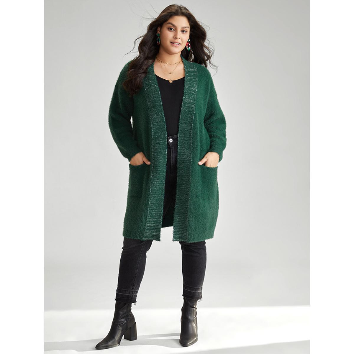 Plus Size Lurex Fuzzy Patched Pocket Tunic Cardigan DarkGreen Women Casual Loose Long Sleeve Dailywear Cardigans BloomChic 26/4X Product Image