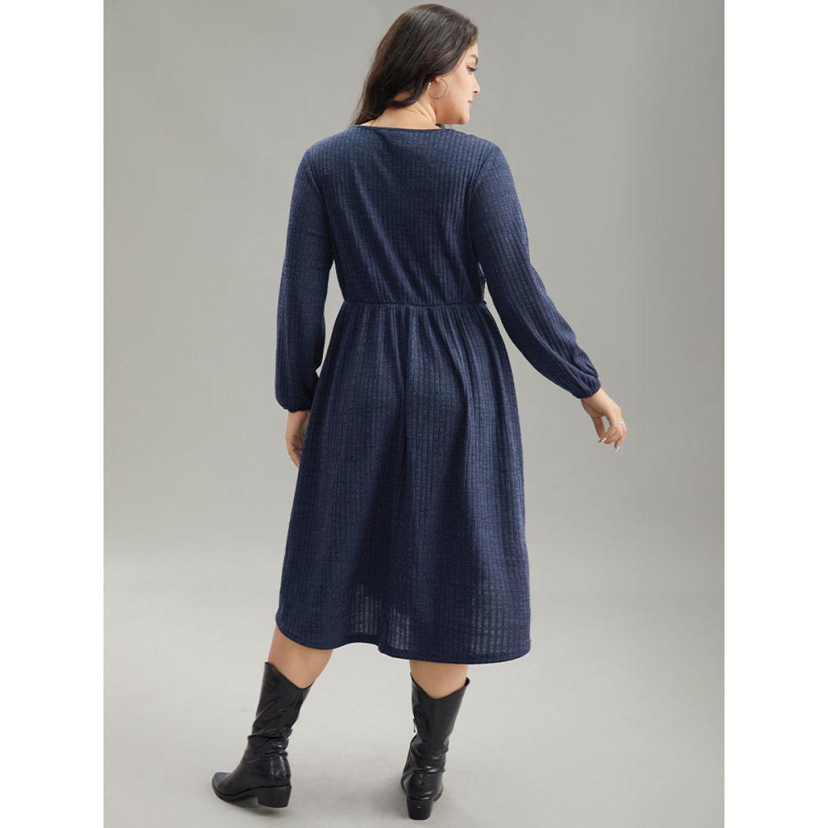 Plus Size Rib Knit Lace Panel Contrast Pocket Dress DarkBlue Women Casual Elastic cuffs V-neck Long Sleeve Curvy Midi Dress BloomChic 14-16/1X Product Image