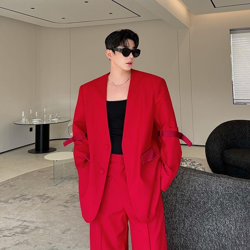 Set: Plain Sing-Breasted Blazer + High Waist Wide Leg Pants Product Image