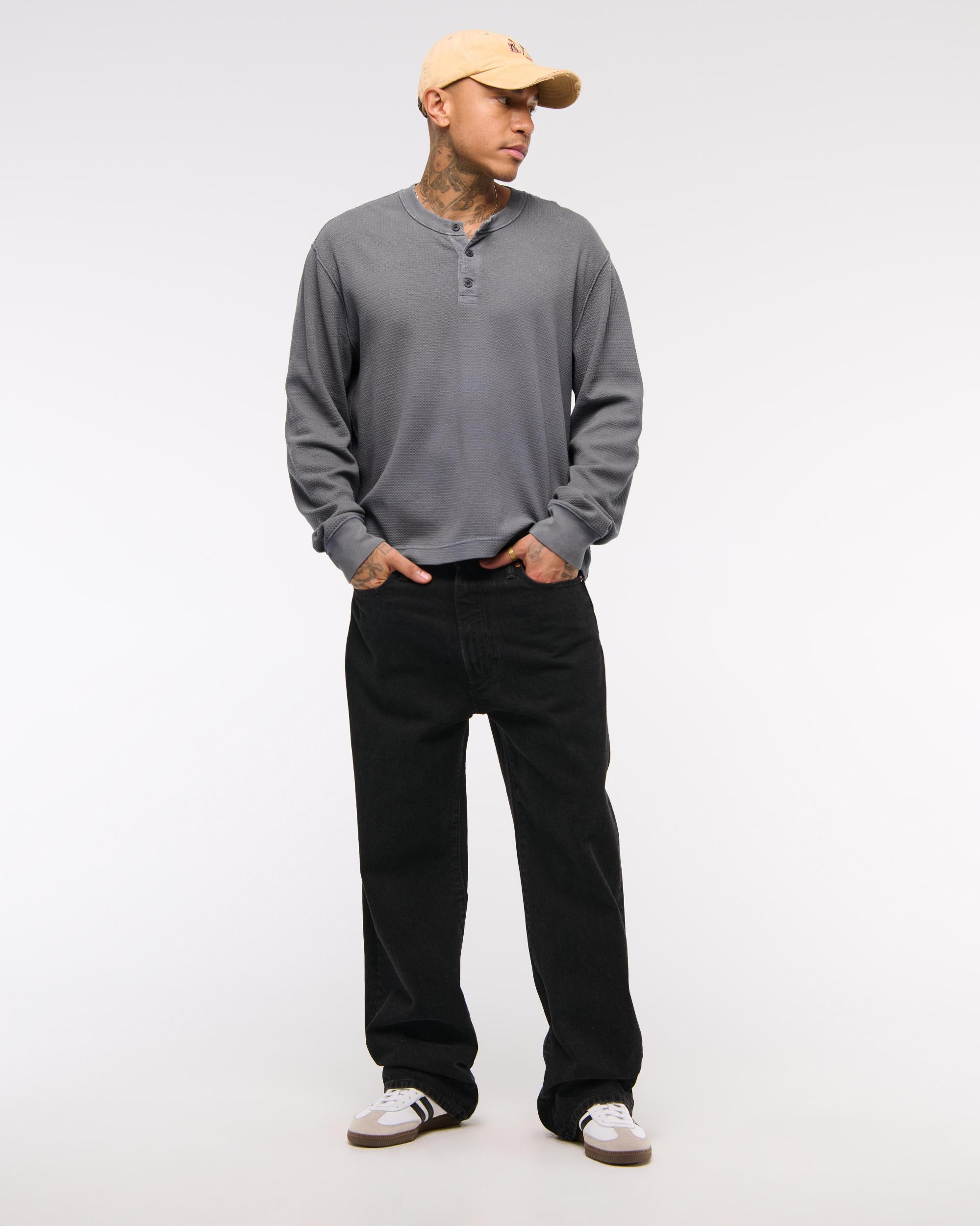 Long-Sleeve Grid Waffle Cropped Henley Product Image