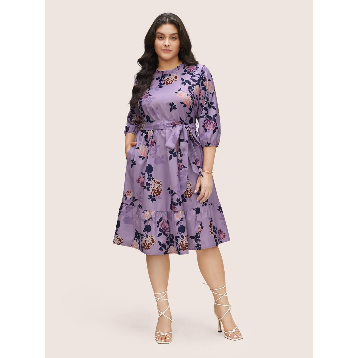 Plus Size Floral Print Belted Pocket Frill Trim Dress Lilac Women Elegant Non Round Neck Elbow-length sleeve Curvy Knee Dress BloomChic 12/L Product Image