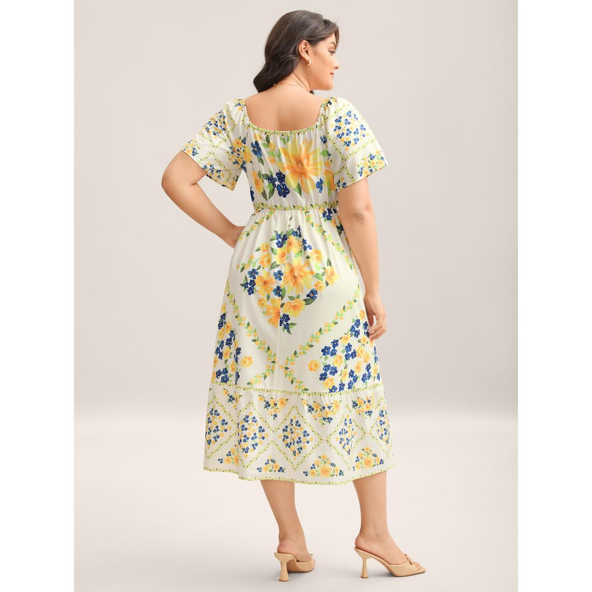 Plus Size Floral Fun Print Stretchy Waist Midi Dress Ivory Women Square Neck Short sleeve Curvy BloomChic 14-16/1X Product Image