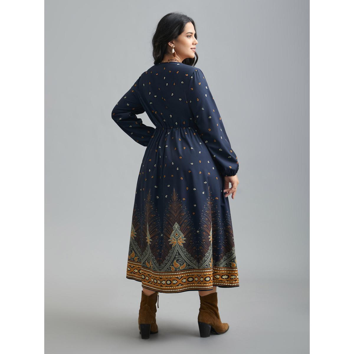 Plus Size Notched Collar Boho Print Contrast Dress Navy Women Resort Non Flat collar with V-notch Long Sleeve Curvy BloomChic 12/L Product Image