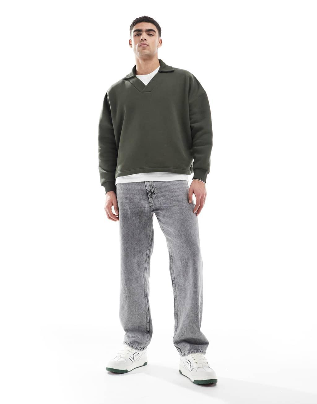 ASOS DESIGN polo sweatshirt with ribbed collar in green Product Image