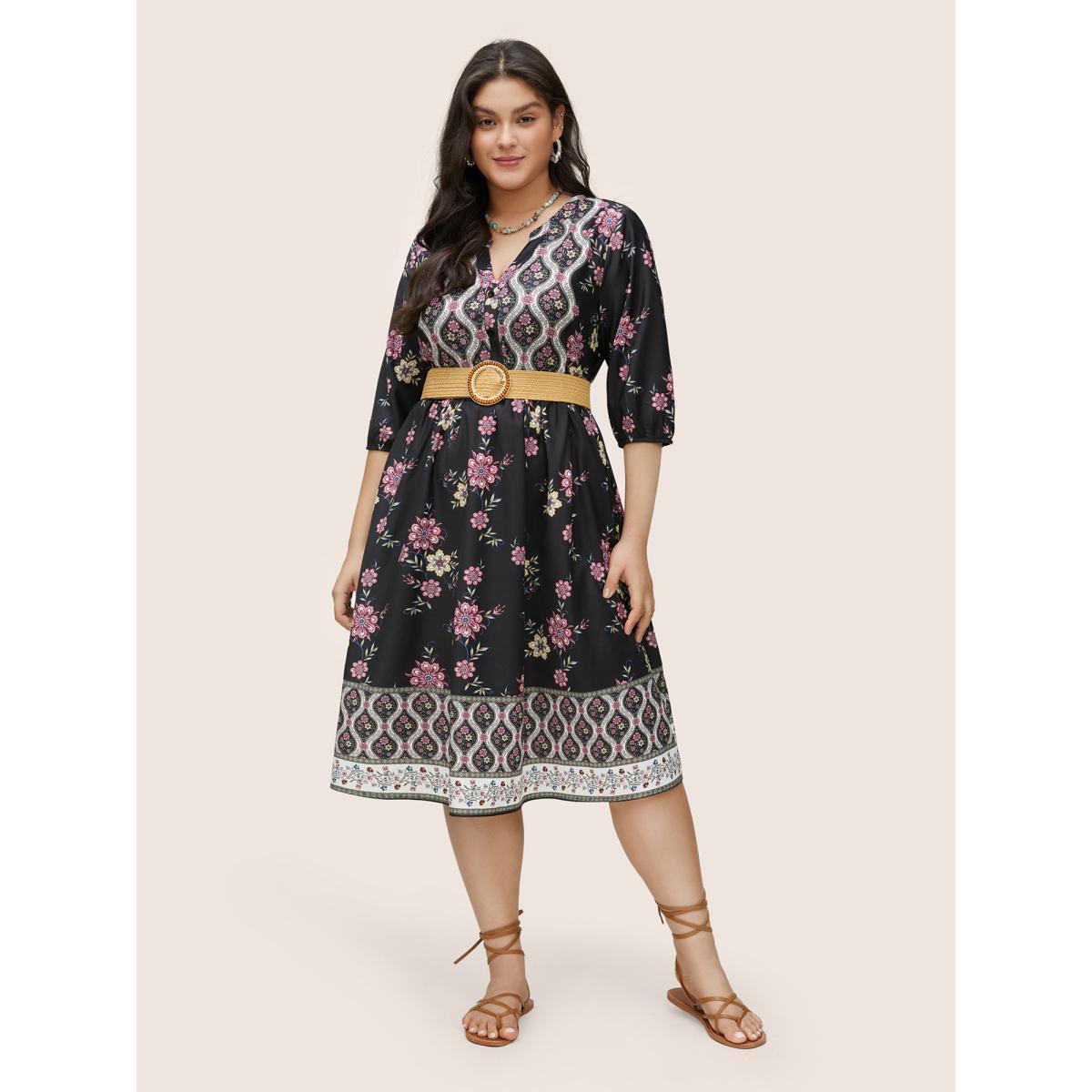 Plus Size Boho Print Patchwork Notched Lantern Sleeve Dress Black Women Resort Non Notched collar Elbow-length sleeve Curvy Midi Dress BloomChic 10/M Product Image