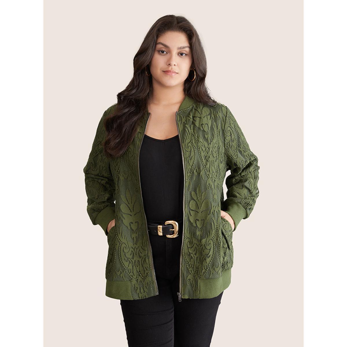 Plus Size Silhouette Floral Print Zipper Lace Panel Jacket Women ArmyGreen Elastic cuffs Pocket Everyday Jackets BloomChic 18-20/2X Product Image