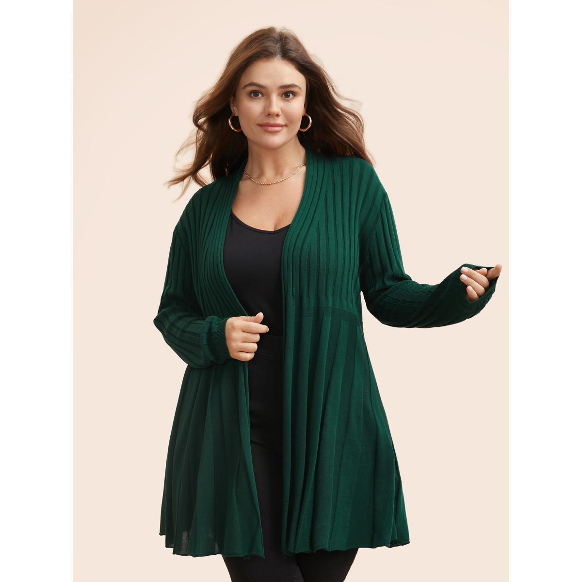 Plus Size Plain Textured Kimono Collar Cardigan DarkGreen Women Casual Loose Long Sleeve Everyday Cardigans BloomChic 26/4X Product Image
