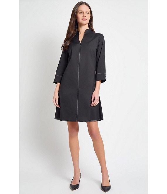 Ming Wang Cotton Mandarin Collar Zip Front 3/4 Sleeve Dress Product Image