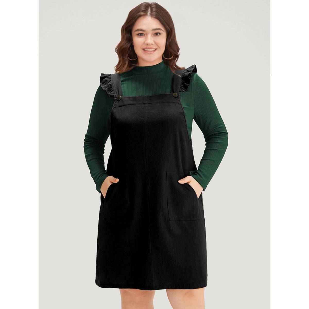 Plus Size Solid Square Neck Button Up Pocket Ruffle Trim Cami Dress Black Women Casual Plain Spaghetti Strap Sleeveless Curvy Knee Dress BloomChic 10/M Product Image