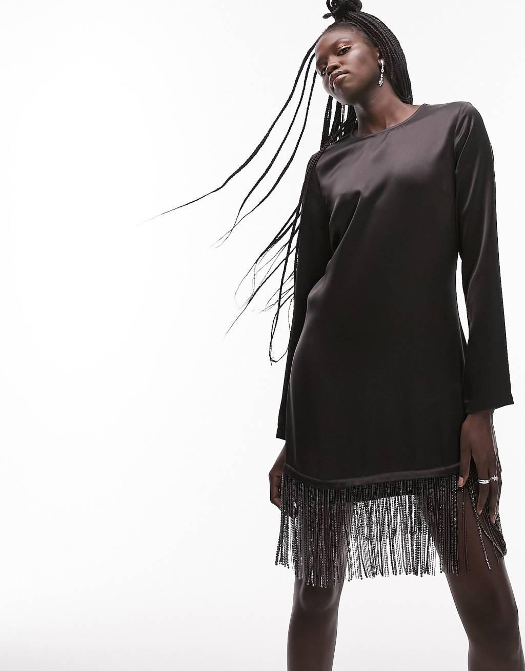 Topshop long sleeve midi dress with diamante tassel Product Image
