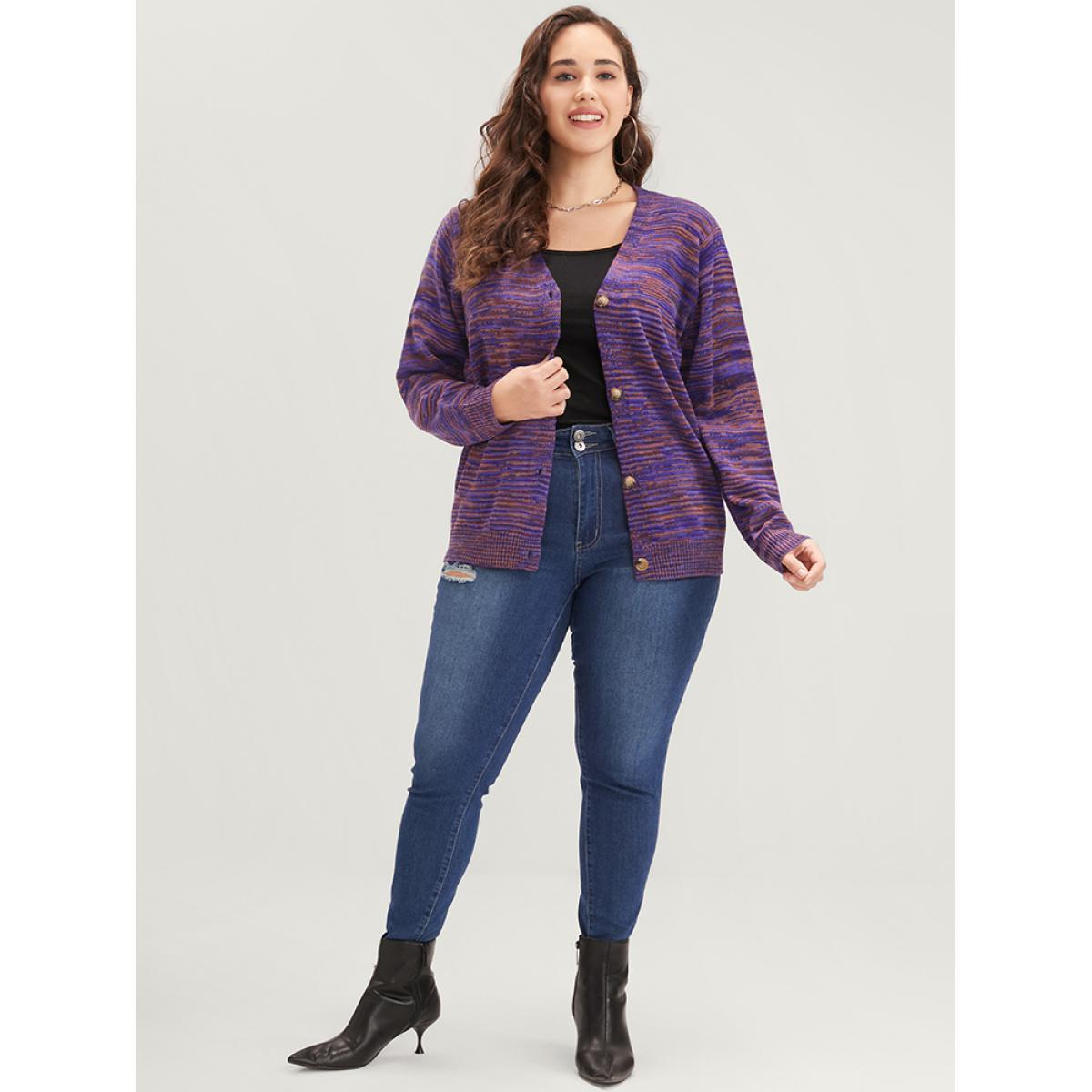 Plus Size Space Dye Pointelle Knit Button Front Heather Cardigan Eggplant Women Casual Loose Long Sleeve Dailywear Cardigans BloomChic 22-24/3X Product Image