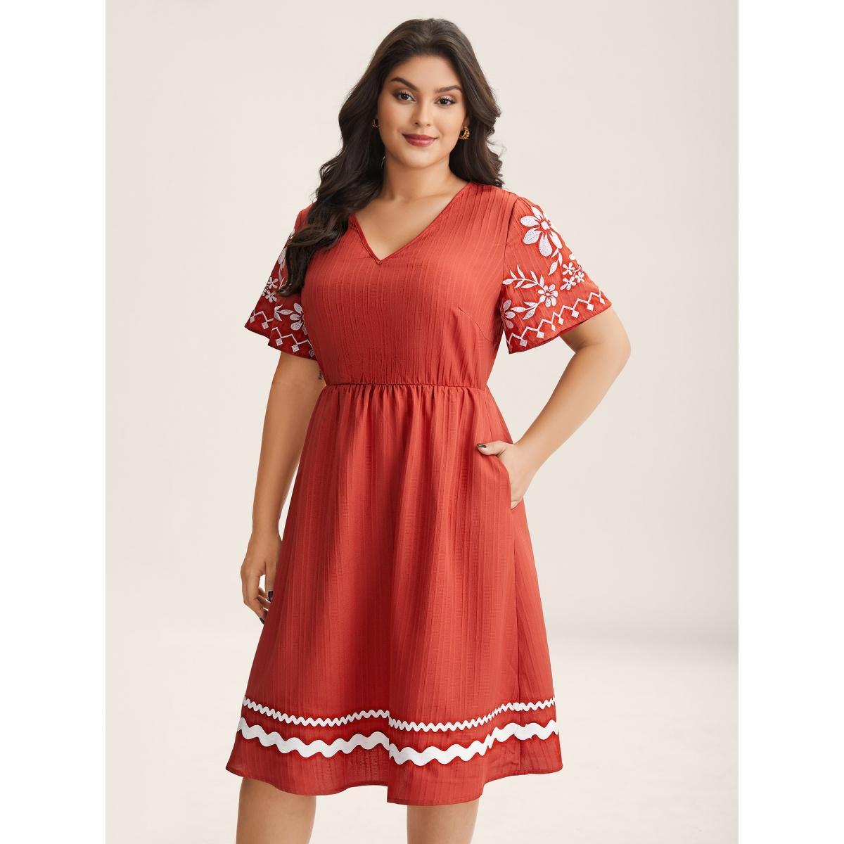 Plus Size Embroidered Sleeve Cinched-Waist Midi Dress Rust Women V-neck Short sleeve Curvy BloomChic 10/M Product Image