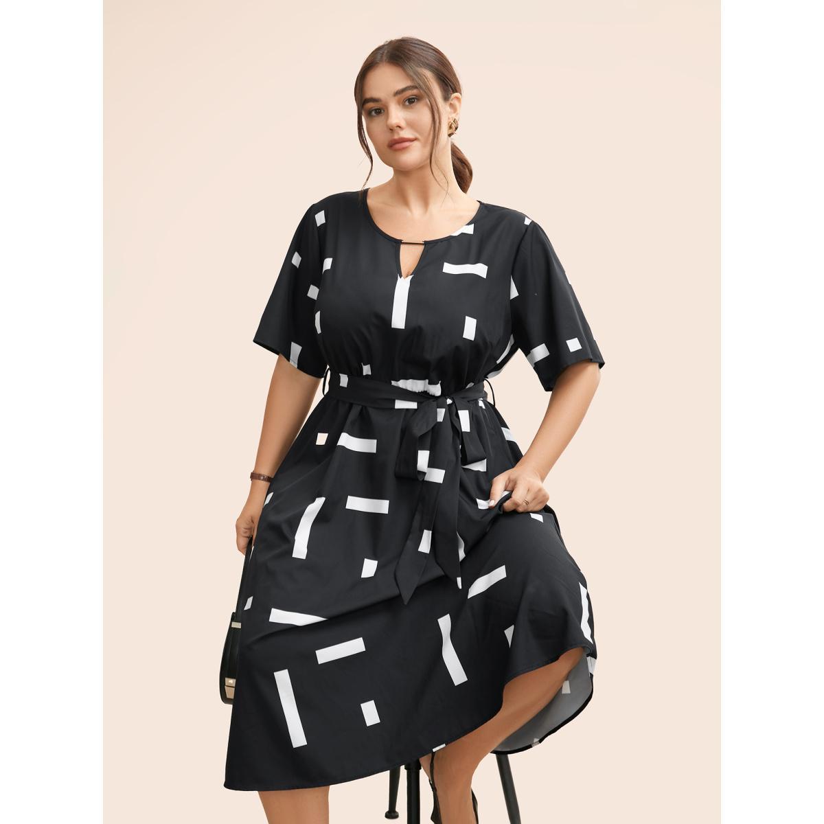 Plus Size Geometric Print Keyhole Pocket Midi Dress Black Women At the Office Belted Round Neck Short sleeve Curvy BloomChic 26/4X Product Image