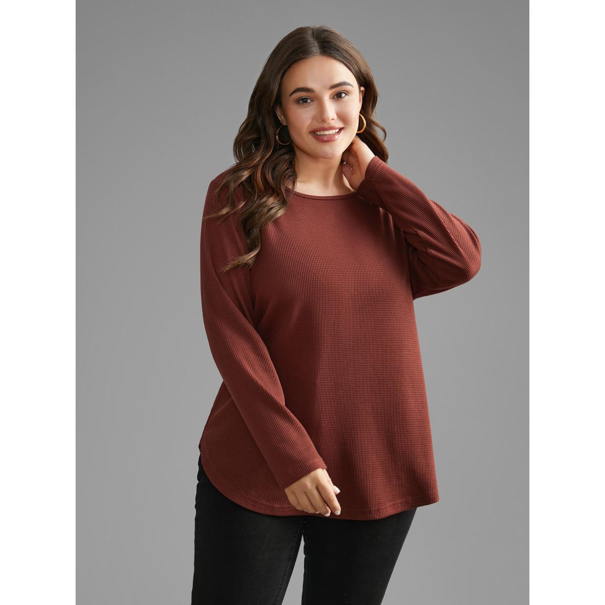 Plus Size Waffle Knit Button Detail Arc Hem T-shirt Rust Women Casual Texture Round Neck Everyday T-shirts BloomChic 30/6X Product Image