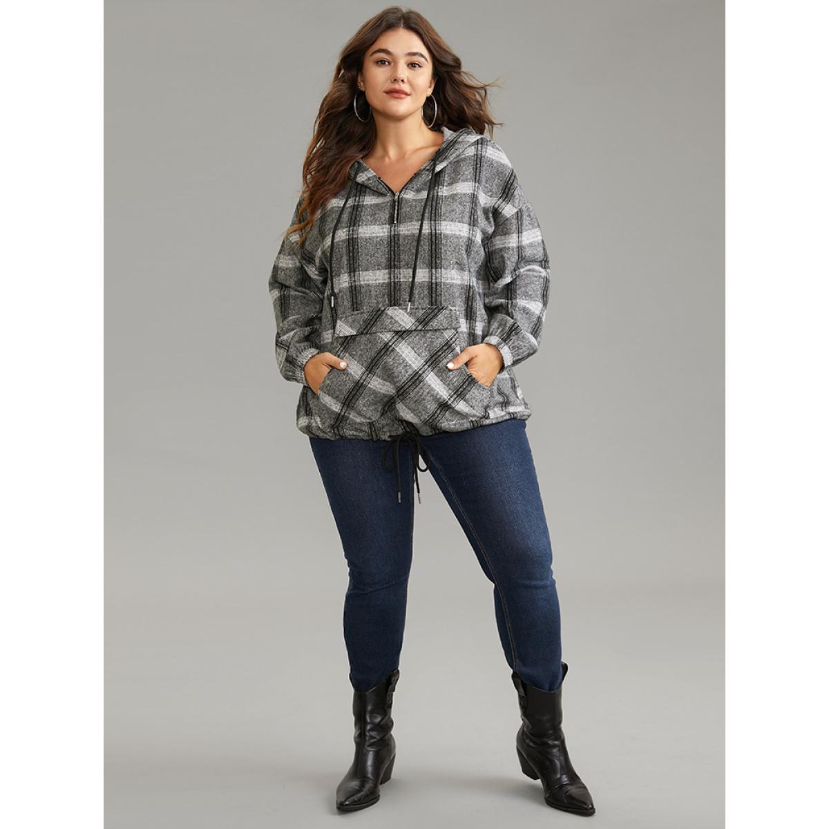 Plus Size Plaid Half Zip Pocket Hooded Sweatshirt Women DimGray Casual Elastic cuffs Hooded Everyday Sweatshirts BloomChic 28/5X Product Image