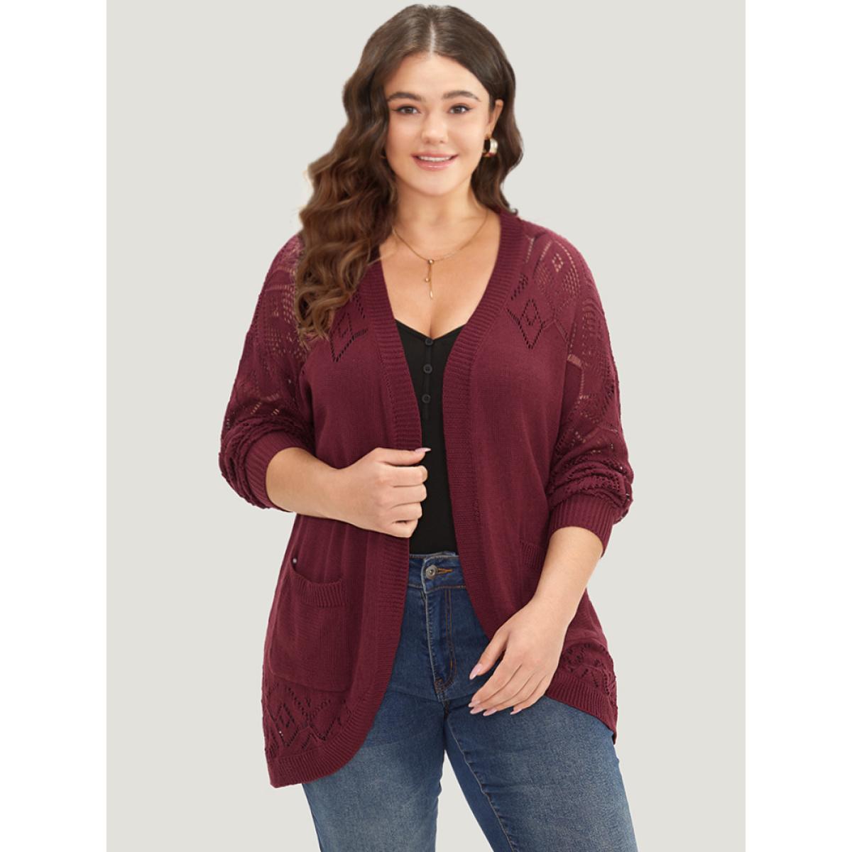 Plus Size Plain Patched Pocket Curved Hem Cardigan Burgundy Women Casual Long Sleeve Dailywear Cardigans BloomChic 22-24/3X Product Image
