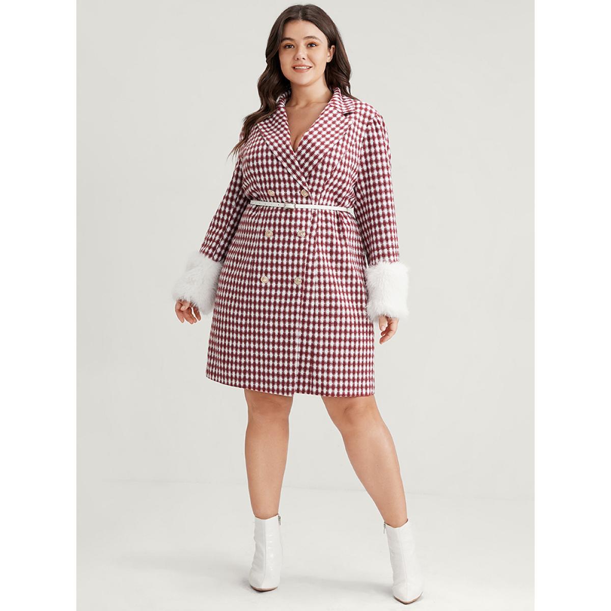 Plus Size Gingham Fuzzy Trim Button Front Blazer Scarlet Women Dailywear Gingham Button Sleeve Long Sleeve Suit Collar 18-20/2X Elegant Blazers BloomChic Product Image