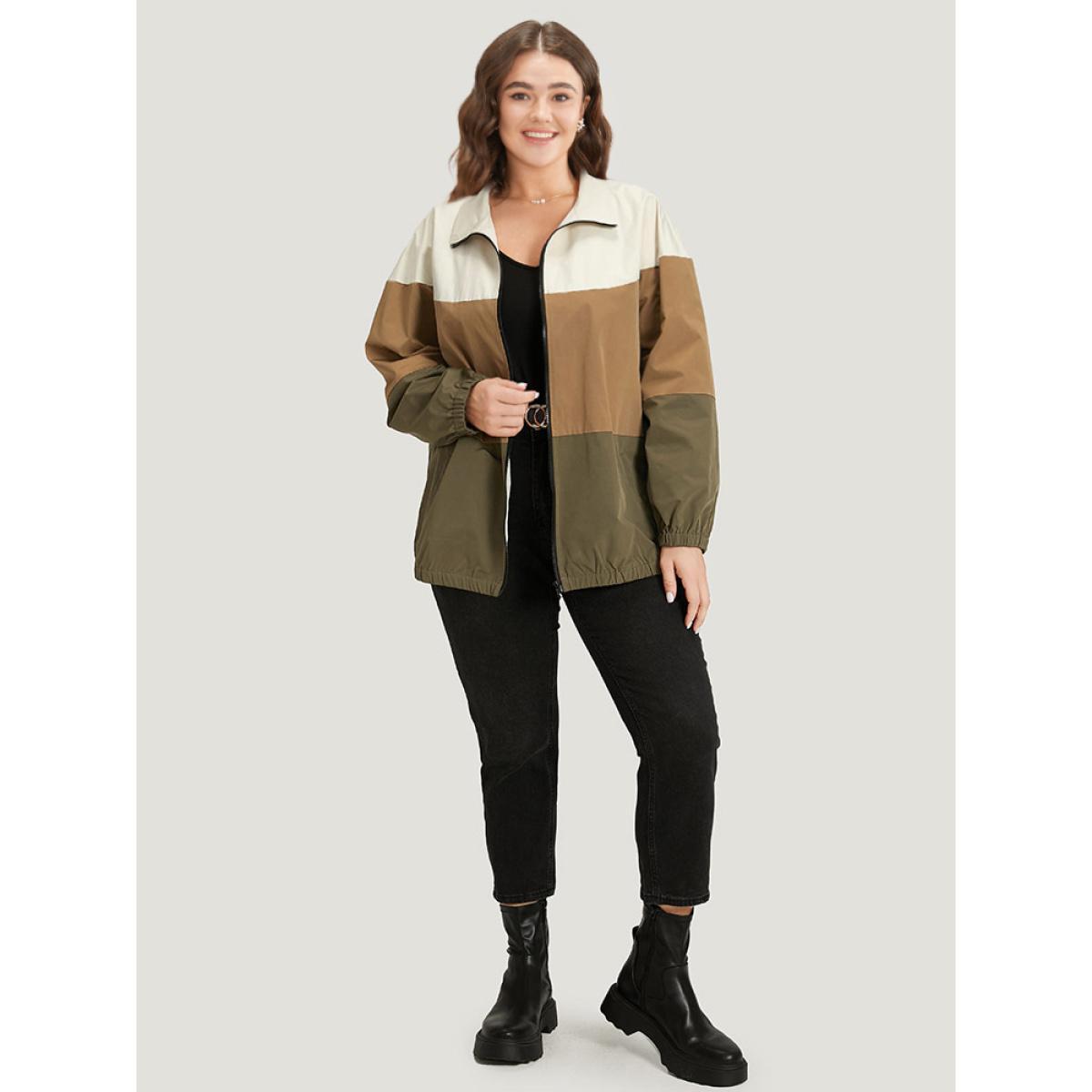 Plus Size Colorblock Contrast Zipper Pocket Elastic cuffs Coat Women Multicolor Casual Elastic cuffs Ladies Dailywear Winter Coats BloomChic 14-16/1X Product Image