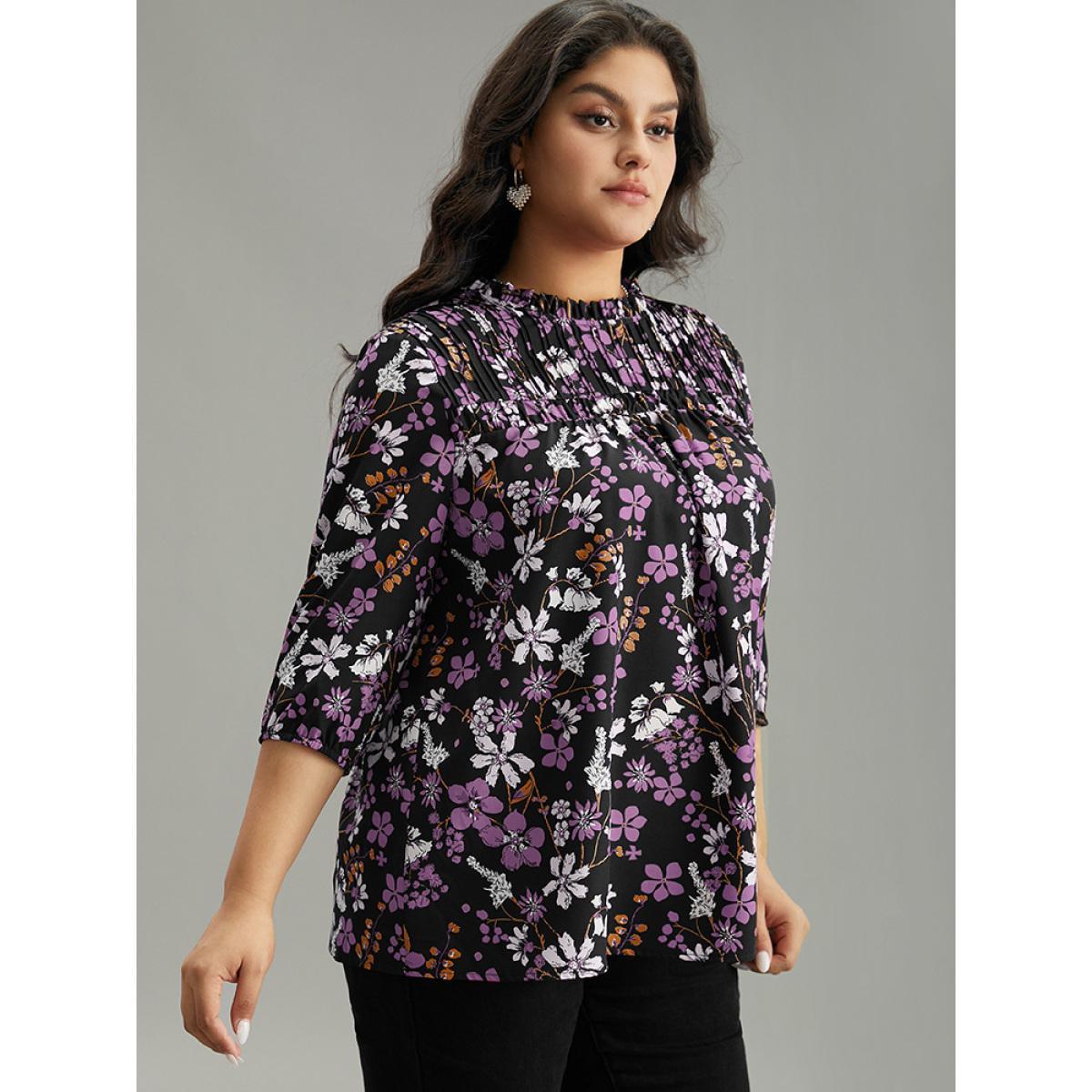 Plus Size Purple Floral Print Frill Trim Cut Out Blouse Women Elegant Elbow-length sleeve Round Neck Everyday Blouses BloomChic 26/4X Product Image