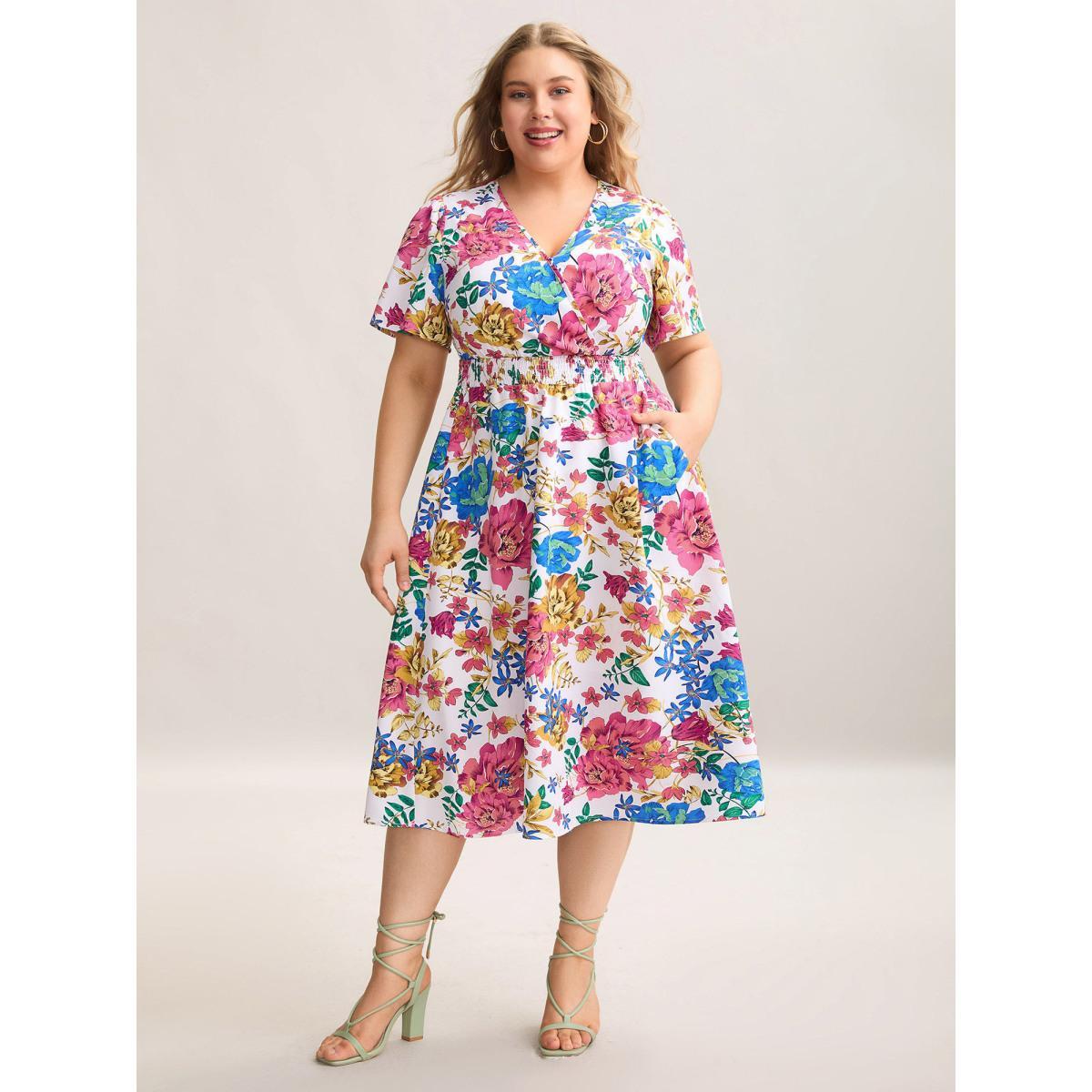 Plus Size Blooming Flowers Surplice Neck Pockets Dress Ivory Women Elegant Shirred Overlap Collar Short sleeve Curvy BloomChic 18-20/2X Product Image