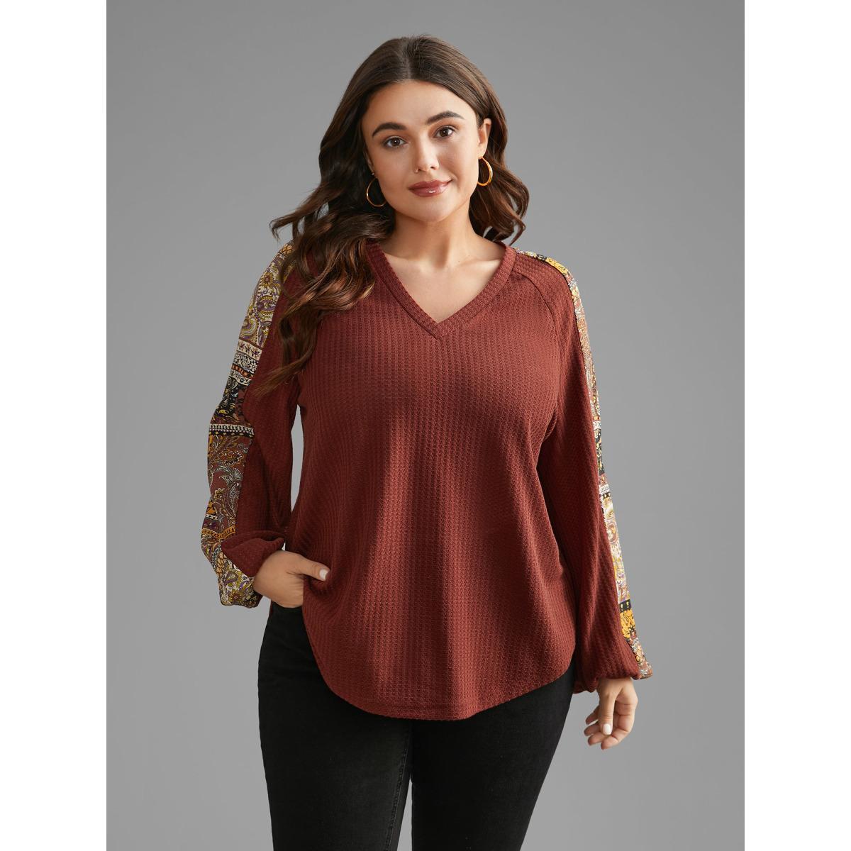 Plus Size Bandana Patchwork Waffle Knit T-shirt Maroon Women Casual Texture V-neck Loose Everyday T-shirts BloomChic 22-24/3X Product Image