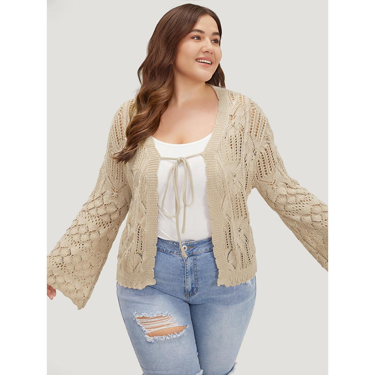 Plus Size Hollow Out Bell Sleeve Tie Front Cardigan Tan Women Casual Long Sleeve Dailywear Cardigans BloomChic 28/5X Product Image