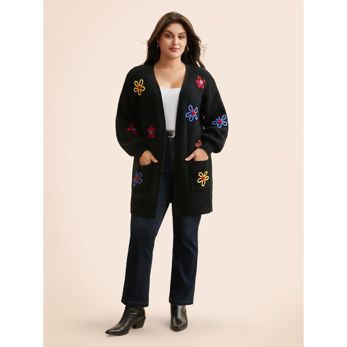 Plus Size Crochet Floral Puff Sleeve Pocket Cardigan Black Women Casual Loose Long Sleeve Everyday Cardigans BloomChic 14-16/1X Product Image
