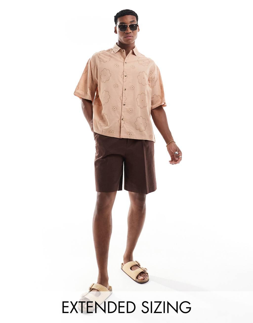 ASOS DESIGN oversized eyelet shirt in light brown  Product Image