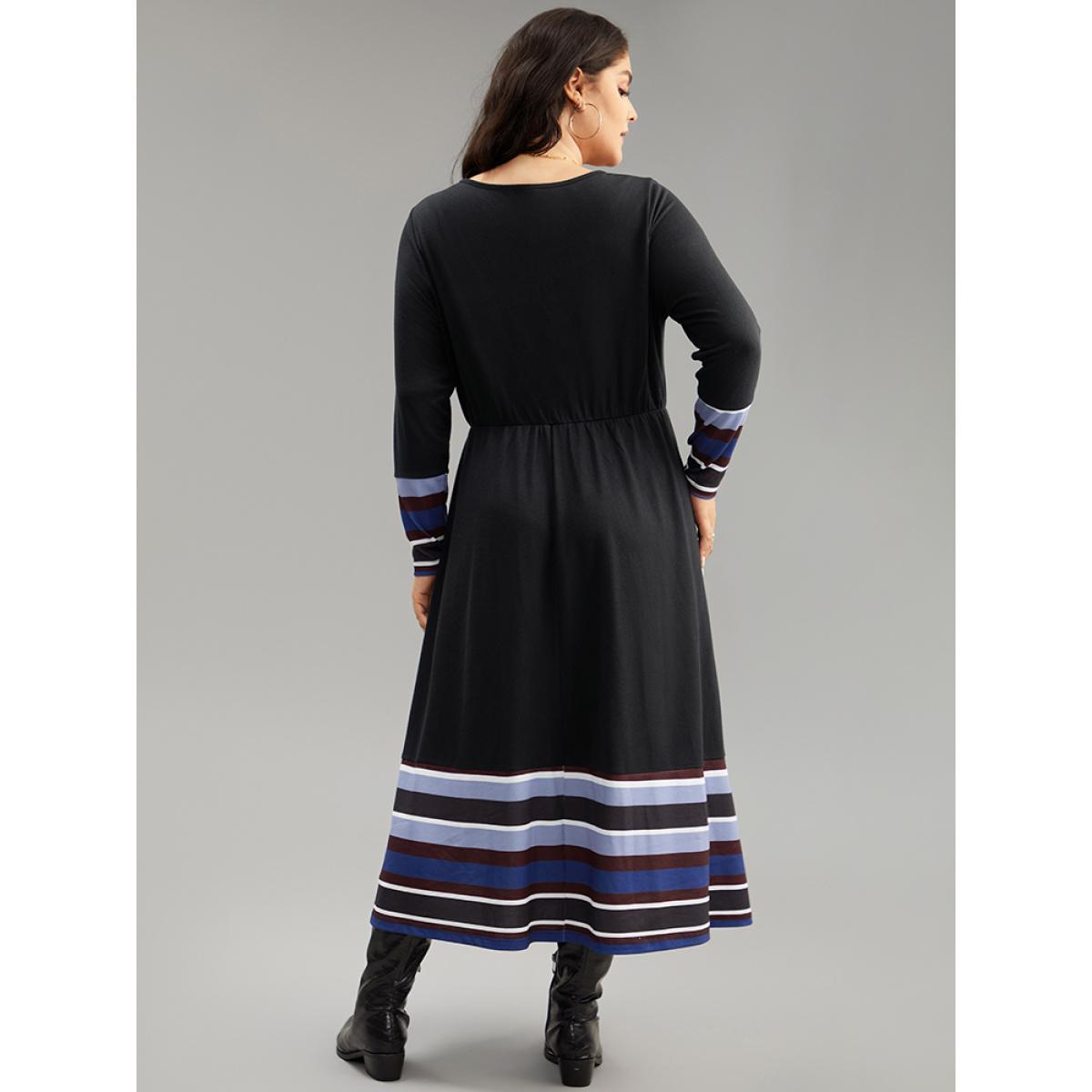 Plus Size Striped Patchwork Contrast Crew Neck Dress Black Women Casual Contrast Round Neck Long Sleeve Curvy Midi Dress BloomChic 18-20/2X Product Image