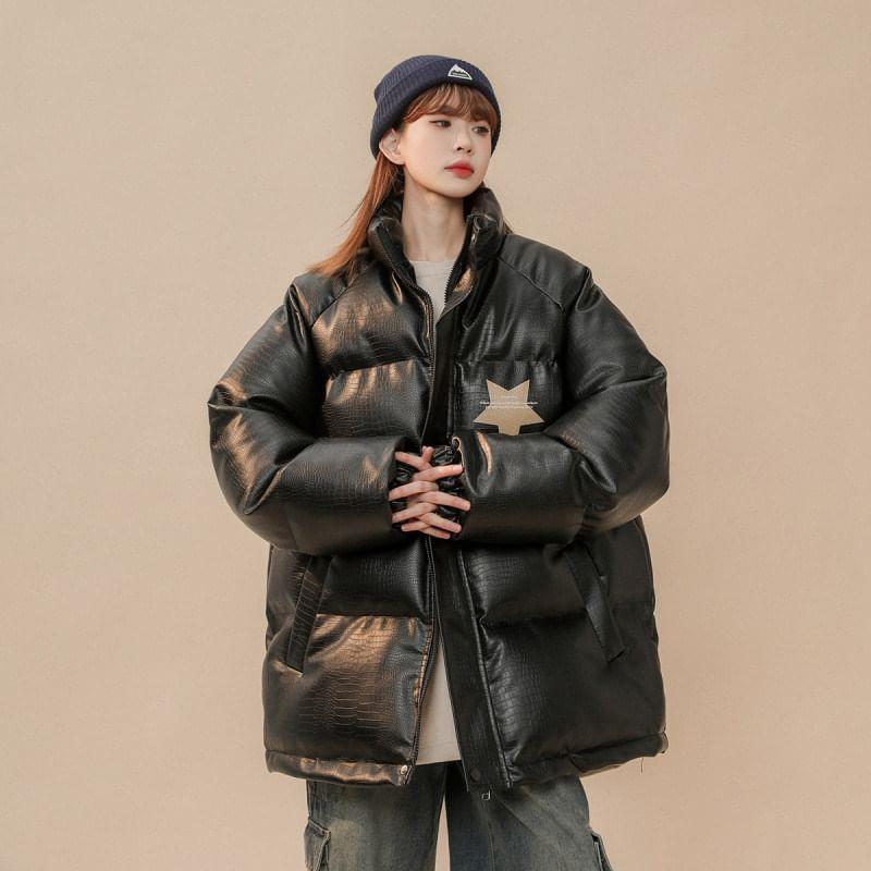 Stand Collar Star Print Crocodile Grain Faux Leather Zip Puffer Jacket Product Image
