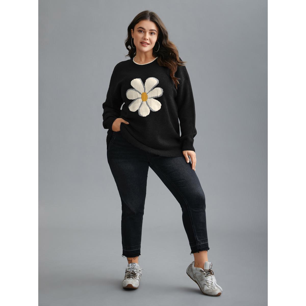 Plus Size Floral Textured Crew Neck Pullover Black Women Casual Loose Long Sleeve Round Neck Everyday Pullovers BloomChic 22-24/3X Product Image