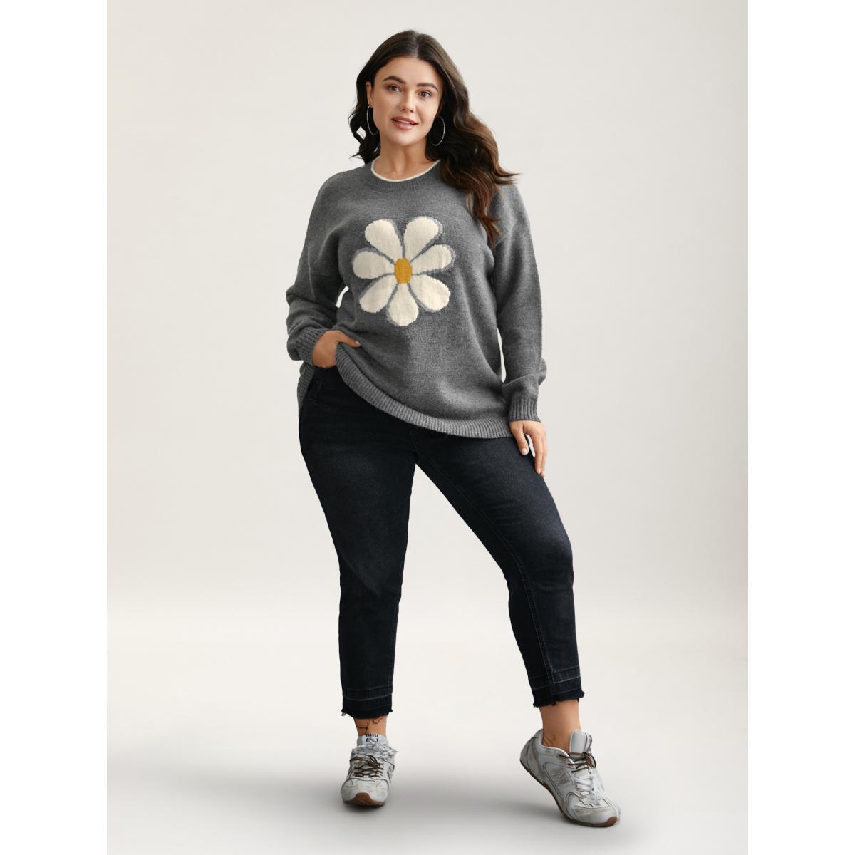 Plus Size Floral Textured Crew Neck Pullover ArmyGreen Women Casual Loose Long Sleeve Round Neck Everyday Pullovers BloomChic 10/M Product Image