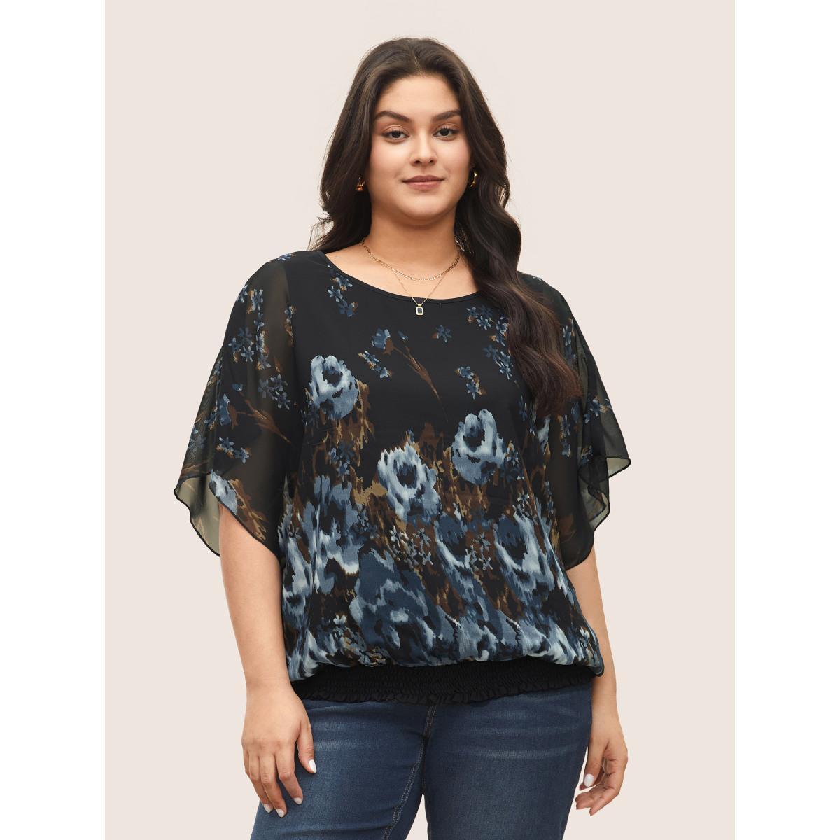 Plus Size Black Pixel Flower Shirred Batwing Sleeve Blouse Women Elegant Half Sleeve U-neck Everyday Blouses BloomChic 22-24/3X Product Image