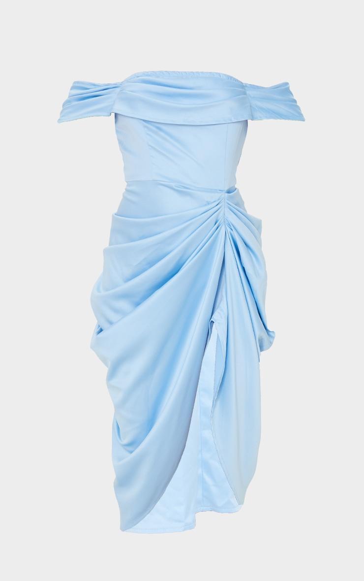 Blue Satin Draped Bardot Midi Dress Product Image