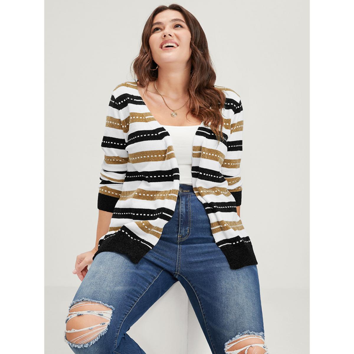 Plus Size Striped Contrast Pointelle Knit Jacquard Open Front Cardigan Multicolor Women Casual Long Sleeve Dailywear Cardigans BloomChic 10/M Product Image