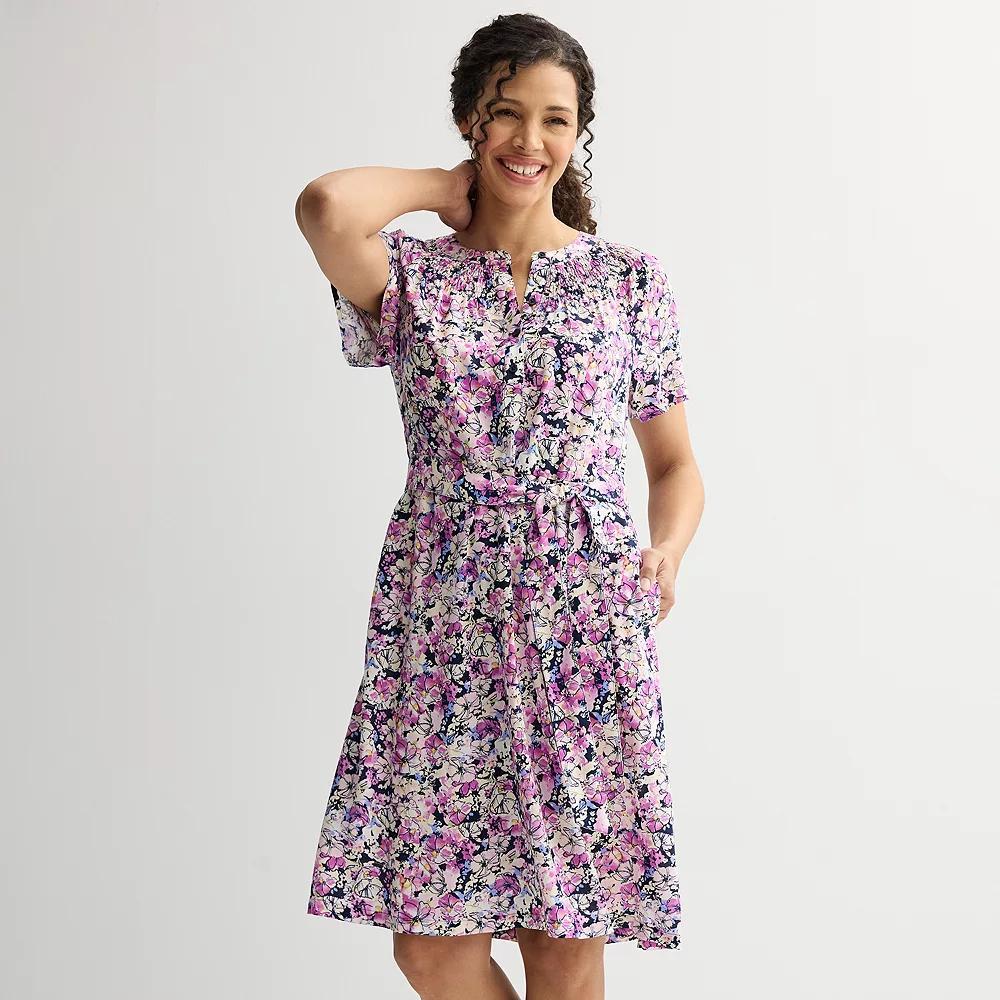 Women's Croft & Barrow® Smocked Neck Button-Front Dress, Size: Medium, Purple Spring Buds Product Image