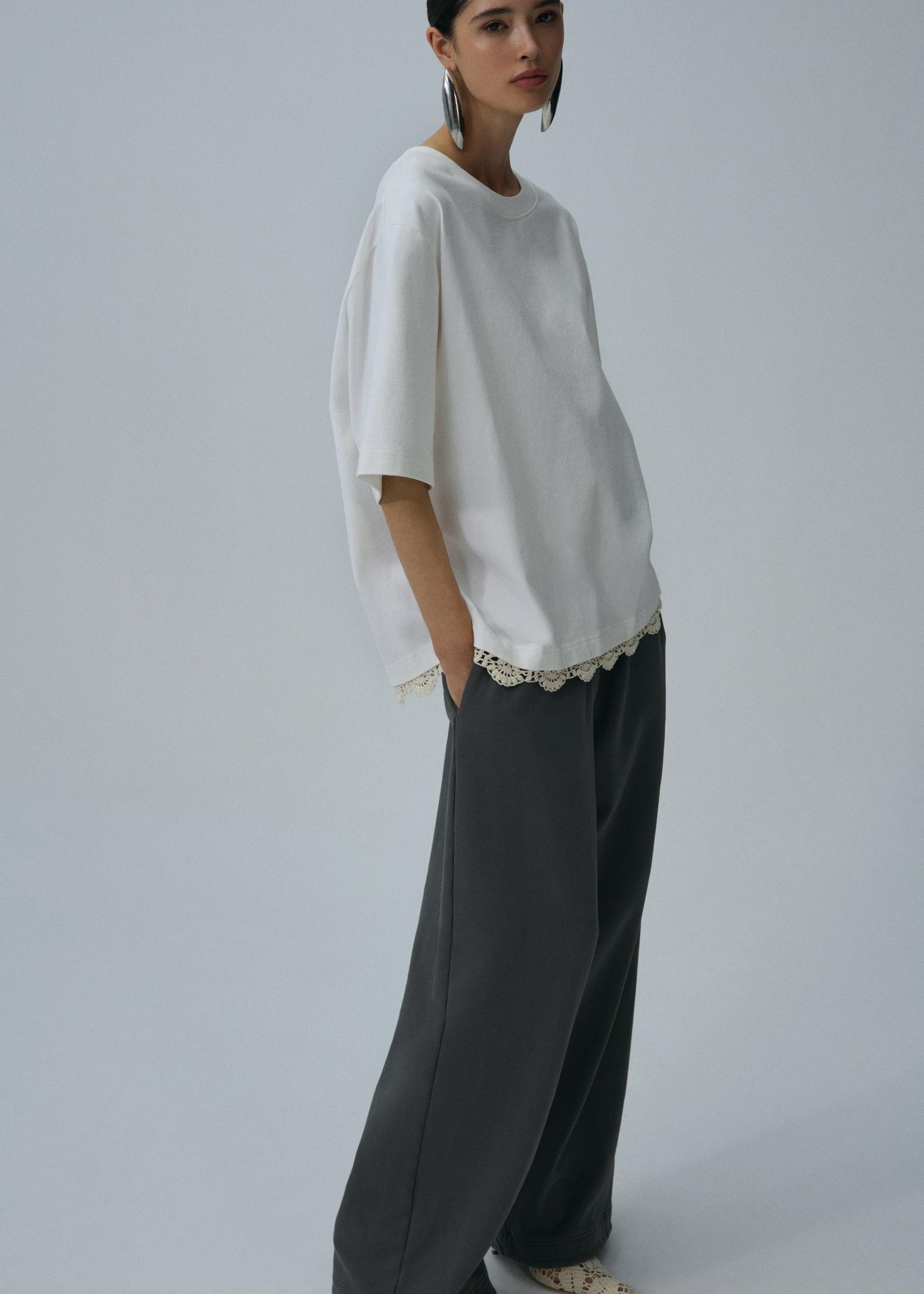 Lace detail oversized heavy t-shirt in white Product Image