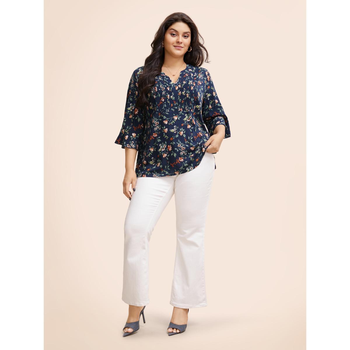 Plus Size Indigo Ditsy Floral Pleated Flutter Sleeve Blouse Women Elegant Elbow-length sleeve Flat collar with V-notch Everyday Blouses BloomChic 30/6X Product Image