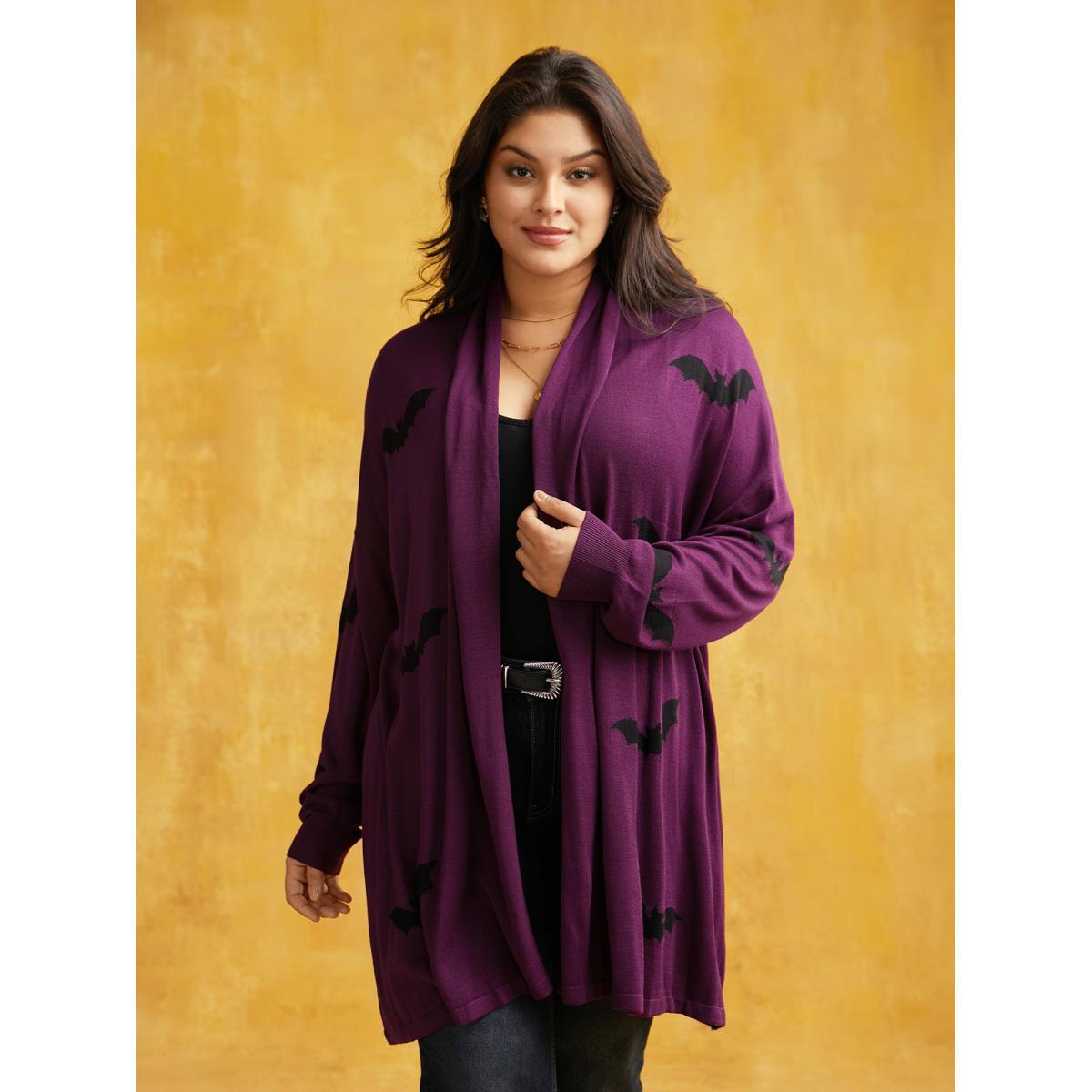 Plus Size Supersoft Essentials Halloween Bat Pattern Lapel Collar Cardigan Rust Women Casual Loose Long Sleeve Festival-Halloween Cardigans BloomChic 14-16/1X Product Image