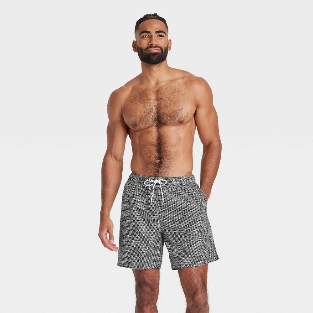 Men's 7" Swim Shorts - Goodfellow & Co™ Black L: Mesh Liner, UPF 50+, Geometric Pattern Product Image