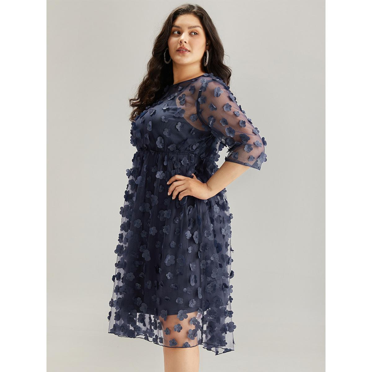 Plus Size Floral Embroidered Mesh Elastic Waist Crew Neck Dress DarkBlue Women Glamour See through Round Neck Elbow-length sleeve Curvy Knee Dress BloomChic 12/L Product Image
