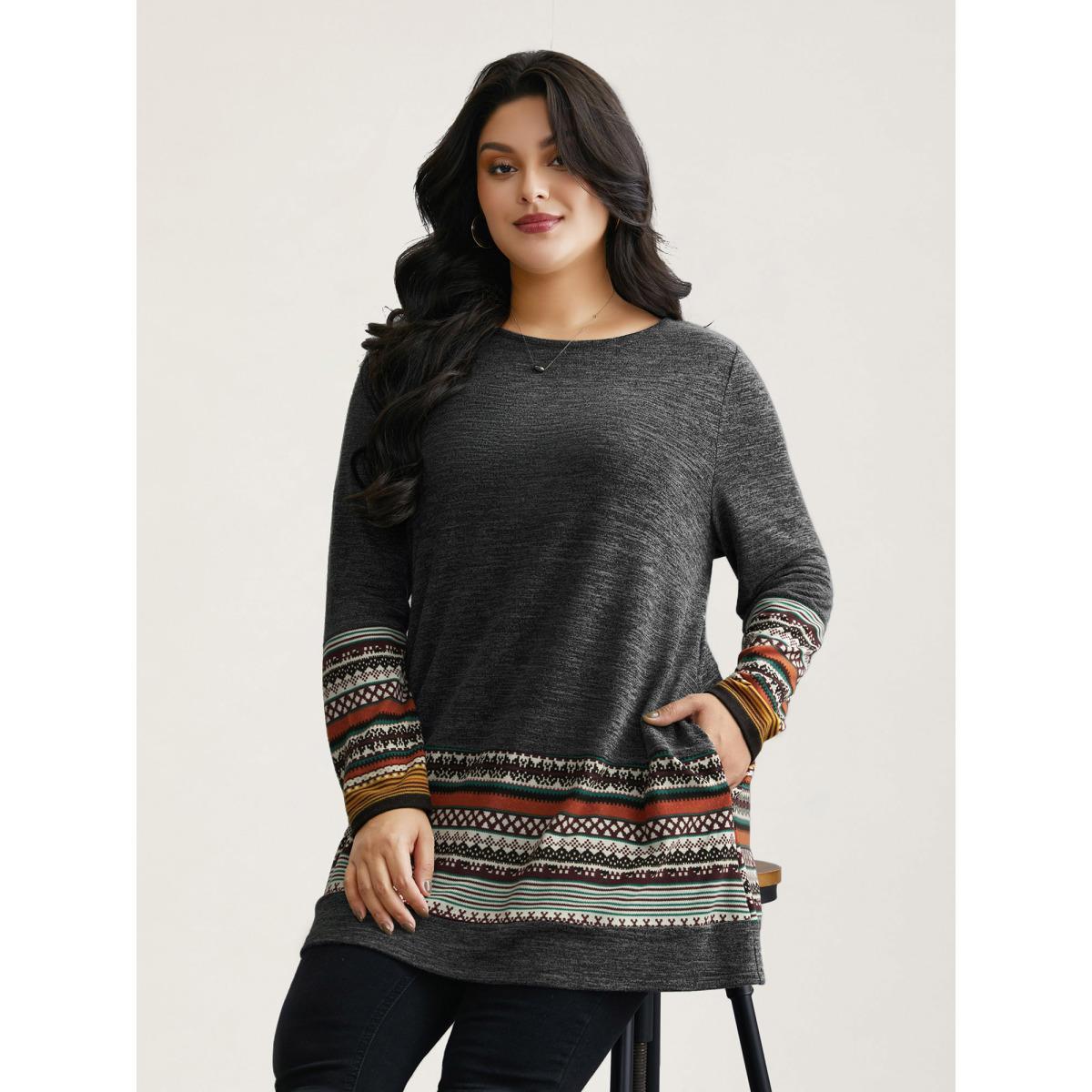 Plus Size Tunic Boho Print Pocket T-shirt DimGray Women Casual Contrast Round Neck Loose Everyday T-shirts BloomChic 30/6X Product Image