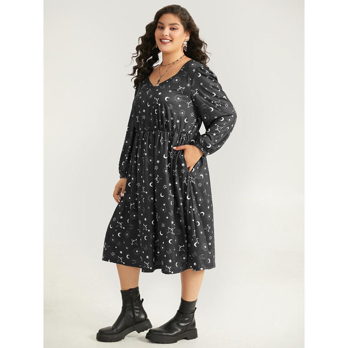 Plus Size Halloween Moon & Star Print Elastic Waist Lantern Sleeve Dress Black Women Casual Elastic cuffs Square Neck Long Sleeve Curvy Midi Dress BloomChic 18-20/2X Product Image