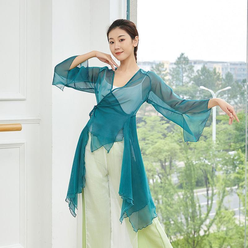 Flared-Sleeve V-Neck Plain Asymmetrical Dance Top Product Image